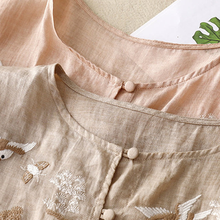 Buddha Stonesラウンドネックカジュアルブラウス刺繍長袖シャツコットンリネントップスレディースシャツ - image 16