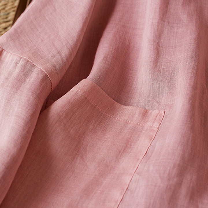 Buddha Stonesプラスサイズ Vネック カジュアル 無地 長袖シャツ コットンリネン レディース シャツ