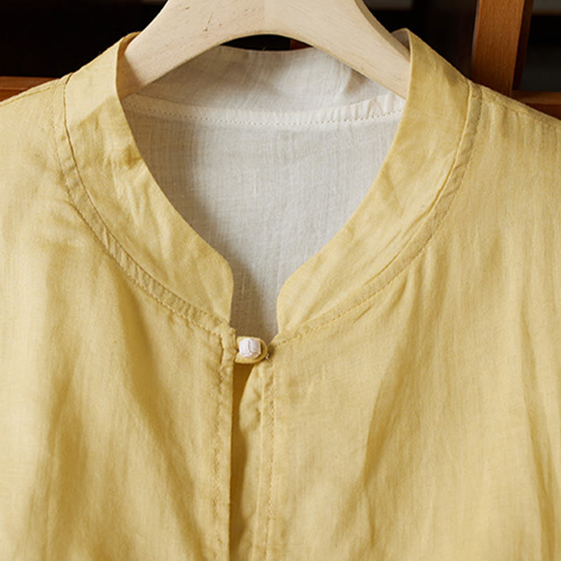 Buddha Stonesプラスサイズ Vネック カジュアル 無地 長袖シャツ コットンリネン レディース シャツ