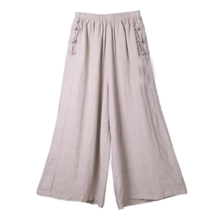 Buddha Stonesカジュアルコットン フロッグボタン ハイウエスト ワイドレッグパンツ ポケット付き