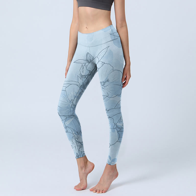 Buddha Stonesブルーフラワー スケッチプリント スポーツレギンス レディース ヨガパンツ - ライトブルー - US18、 UK/AU22、 EU50 (4XL) - image 1