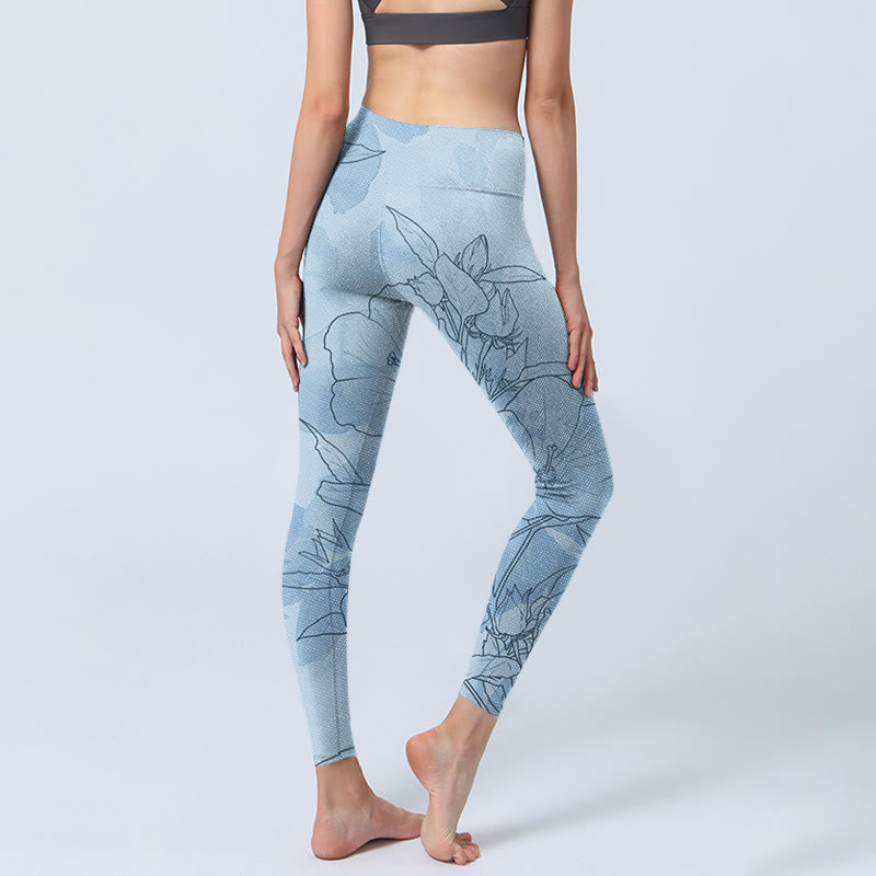 Buddha Stonesブルーフラワー スケッチプリント スポーツレギンス レディース ヨガパンツ - image 5