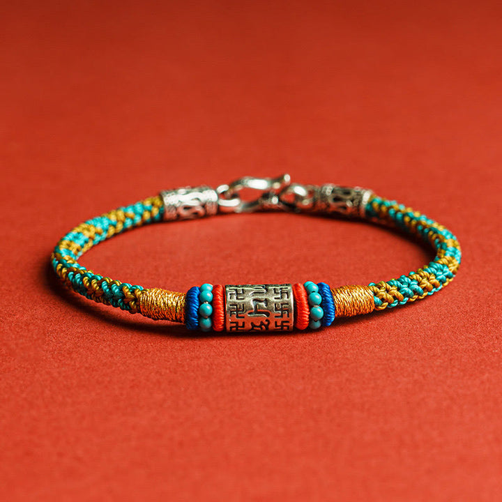 Buddha Stonesカラフルストリング 六つの真実の言葉 925シルバー フォーカスブレスレット