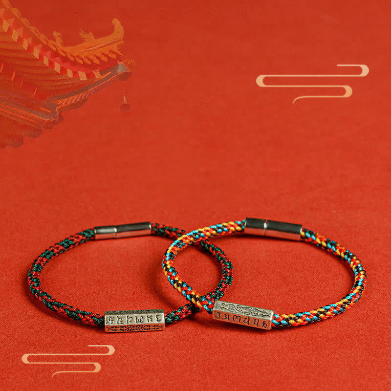 Buddha Stones赤紐と黒い糸 六つの真実の言葉 925スターリングシルバー幸運ブレスレット