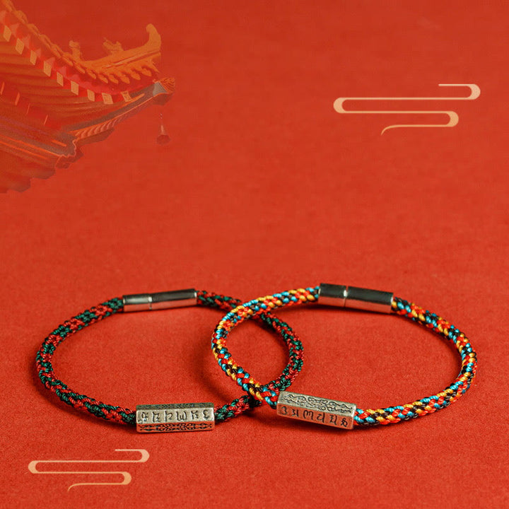 Buddha Stones赤紐と黒い糸 六つの真実の言葉 925スターリングシルバー幸運ブレスレット
