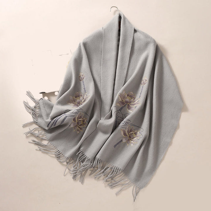 Buddha Stonesウールショール 蓮の刺繍タッセル 冬用 心地よい旅行用スカーフ ラップ