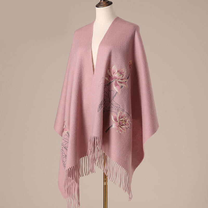 Buddha Stonesウールショール 蓮の刺繍タッセル 冬用 心地よい旅行用スカーフ ラップ