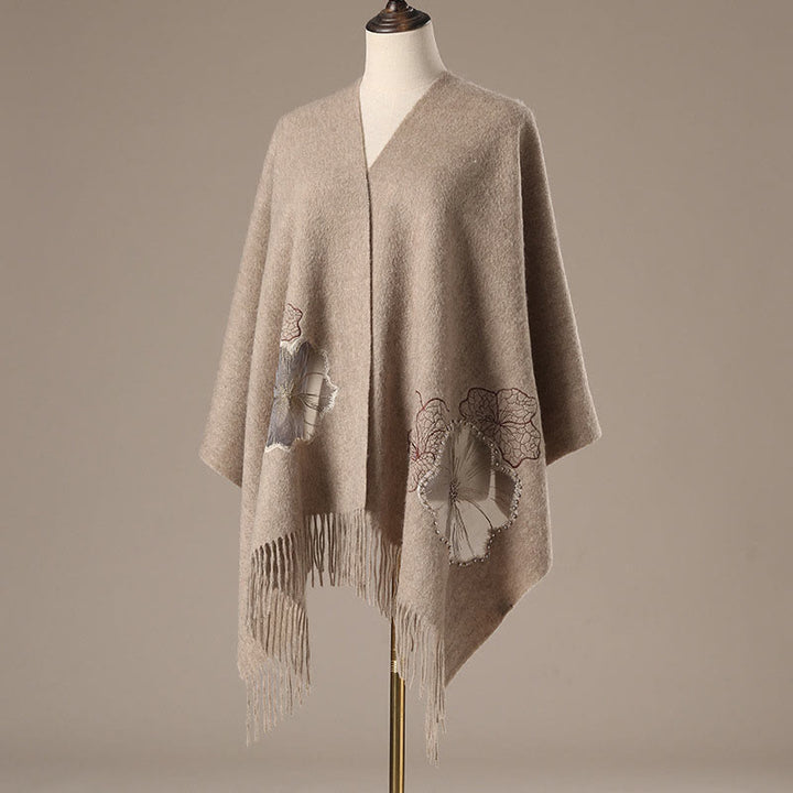 Buddha Stonesウールショール 蓮の葉刺繍タッセル 冬用 心地よい旅行用スカーフ ラップ