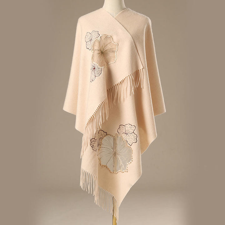 Buddha Stonesウールショール 蓮の葉刺繍タッセル 冬用 心地よい旅行用スカーフ ラップ