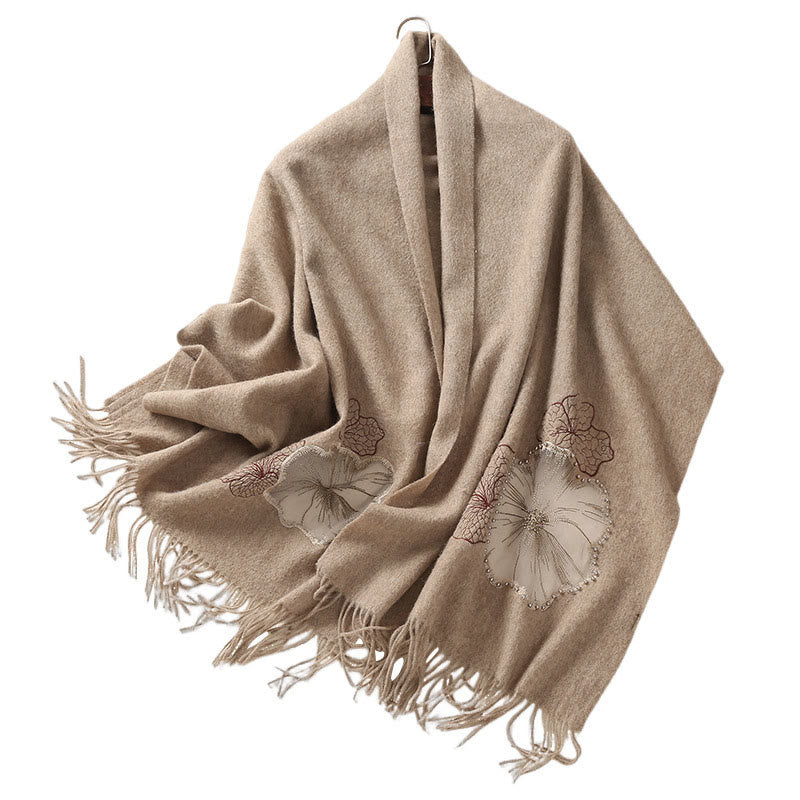Buddha Stonesウールショール 蓮の葉刺繍タッセル 冬用 心地よい旅行用スカーフ ラップ