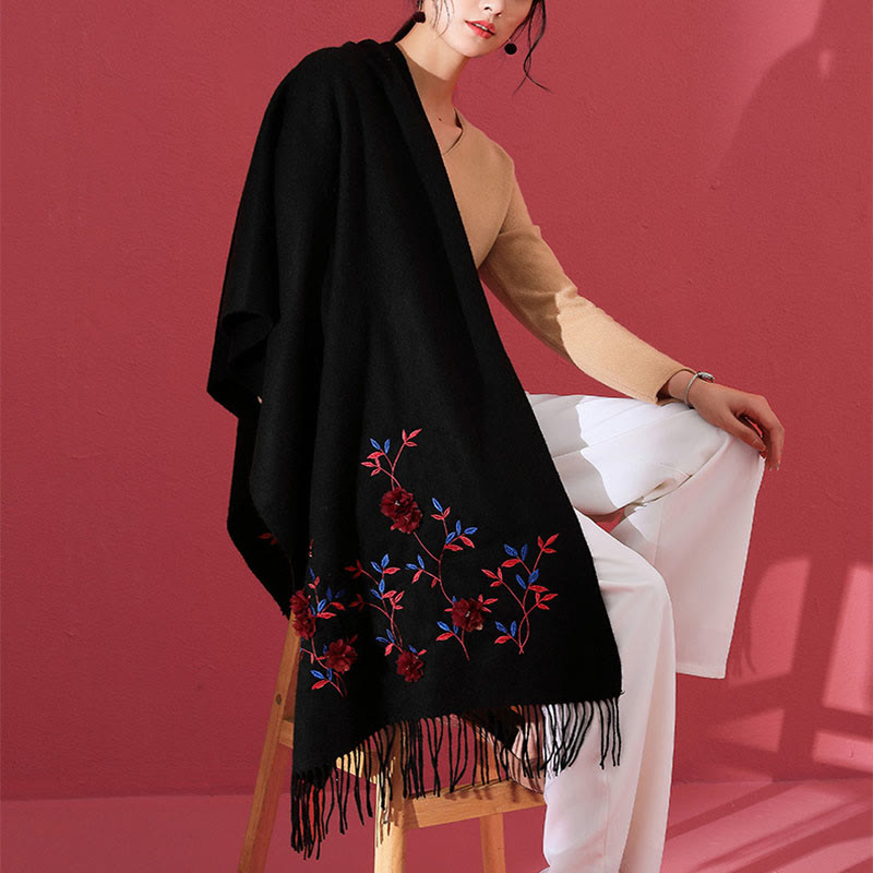 Buddha Stonesウールショール 3Dフローラル刺繍タッセル 冬用 心地よい旅行用スカーフラップ