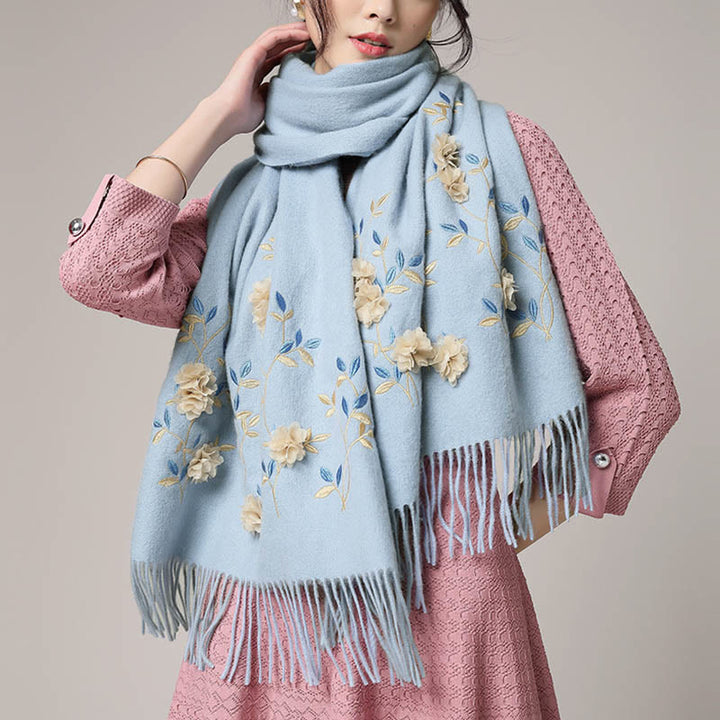 Buddha Stonesウールショール 3Dフローラル刺繍タッセル 冬用 心地よい旅行用スカーフラップ