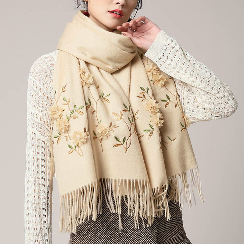 Buddha Stonesウールショール 3Dフローラル刺繍タッセル 冬用 心地よい旅行用スカーフラップ