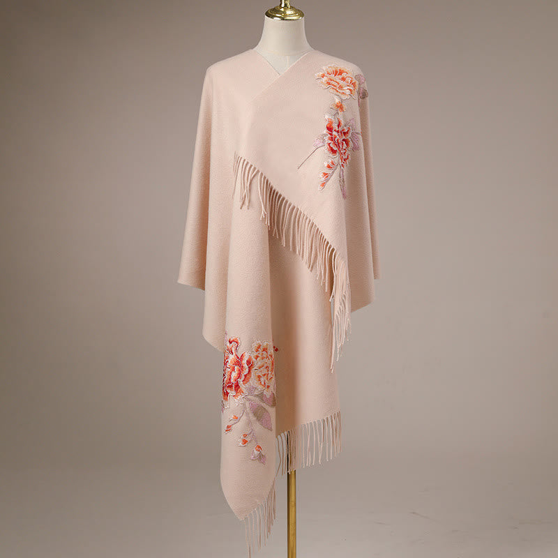 Buddha Stonesウールショール レッドフラワー刺繍タッセル 冬用 心地よいトラベルスカーフラップ