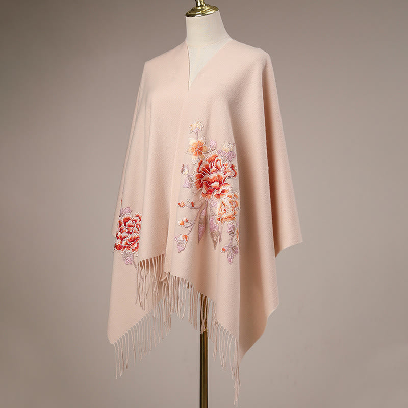 Buddha Stonesウールショール レッドフラワー刺繍タッセル 冬用 心地よいトラベルスカーフラップ