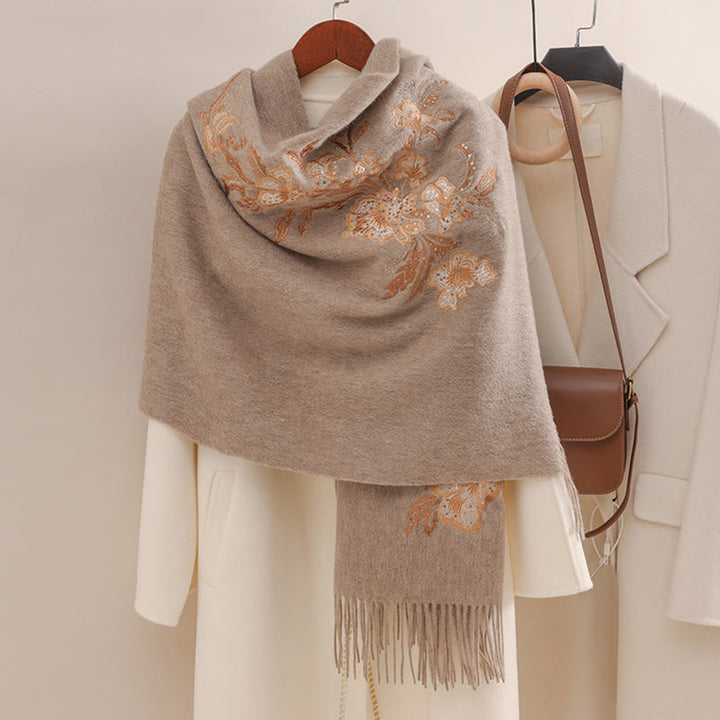 Buddha Stonesウールショール 赤い花 ゴールドスパンコール刺繍 タッセル 冬用 心地よい旅行用スカーフ ラップ