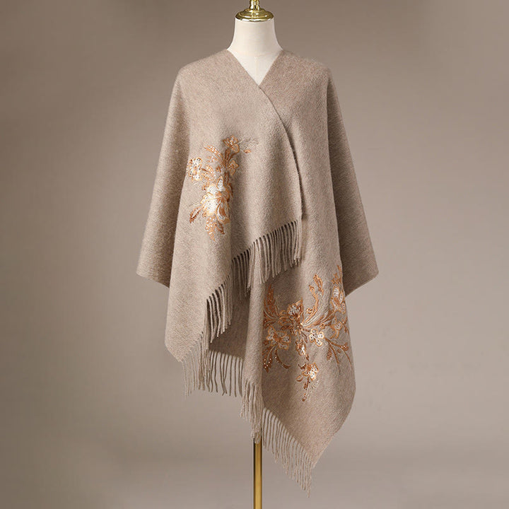 Buddha Stonesウールショール 赤い花 ゴールドスパンコール刺繍 タッセル 冬用 心地よい旅行用スカーフ ラップ