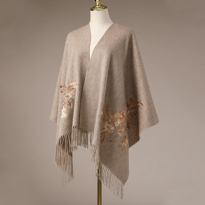 Buddha Stonesウールショール 赤い花 ゴールドスパンコール刺繍 タッセル 冬用 心地よい旅行用スカーフ ラップ