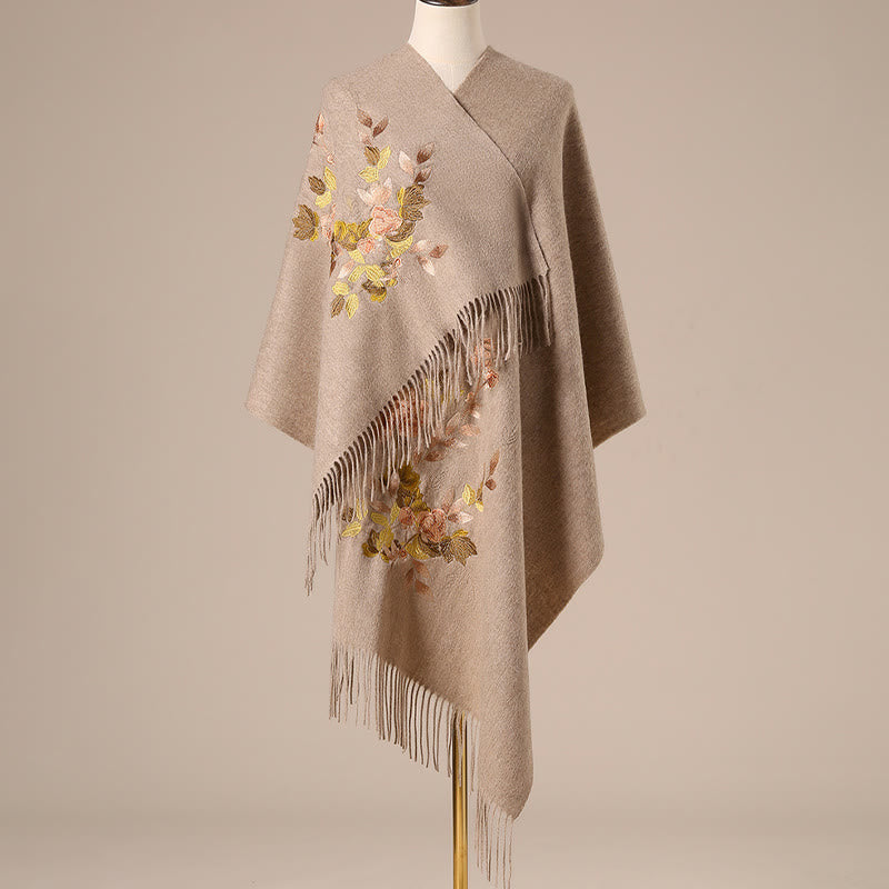 Buddha Stonesウールショール ホワイト ピンク 花 金色の葉 刺繍 タッセル 冬 心地よい 旅行用 スカーフ ラップ