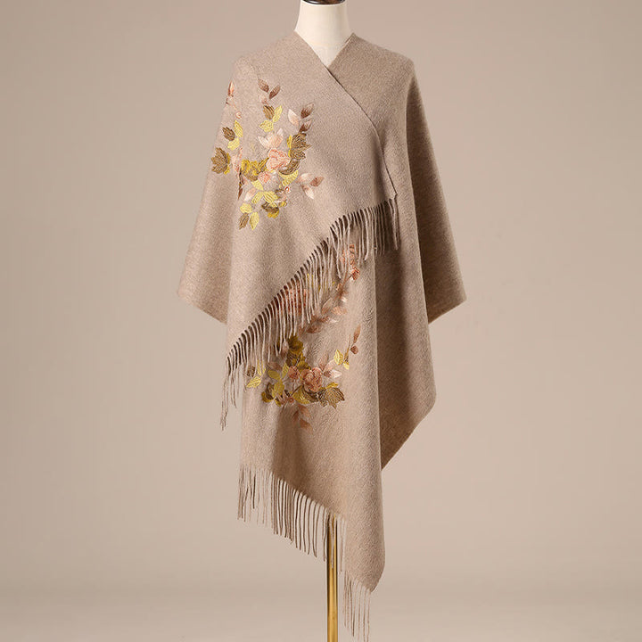 Buddha Stonesウールショール ホワイト ピンク 花 金色の葉 刺繍 タッセル 冬 心地よい 旅行用 スカーフ ラップ