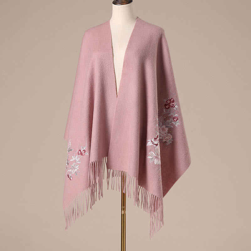 Buddha Stonesウールショール 赤い花と銀の葉の刺繍タッセル 冬用 心地よい旅行用スカーフ ラップ