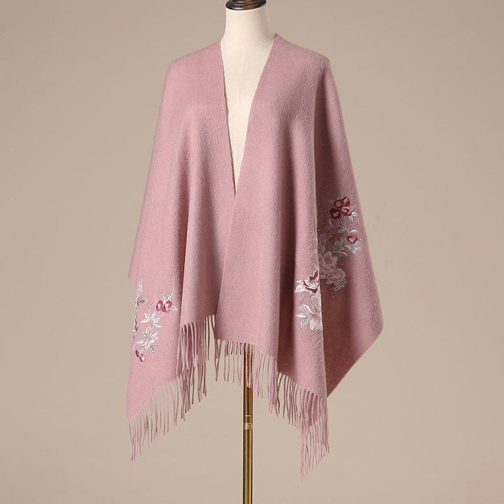 Buddha Stonesウールショール 赤い花と銀の葉の刺繍タッセル 冬用 心地よい旅行用スカーフ ラップ