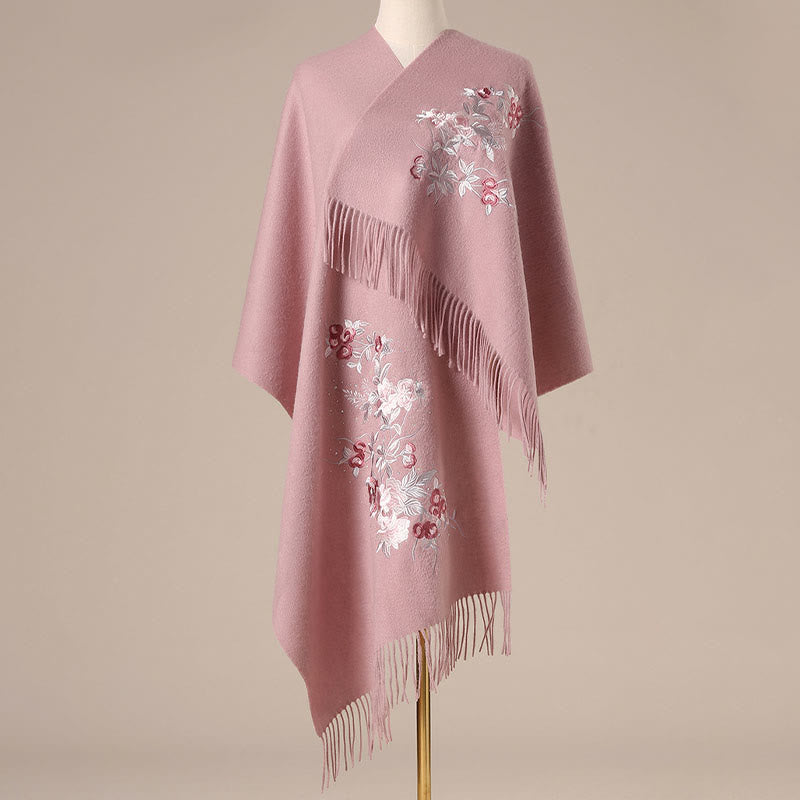 Buddha Stonesウールショール 赤い花と銀の葉の刺繍タッセル 冬用 心地よい旅行用スカーフ ラップ