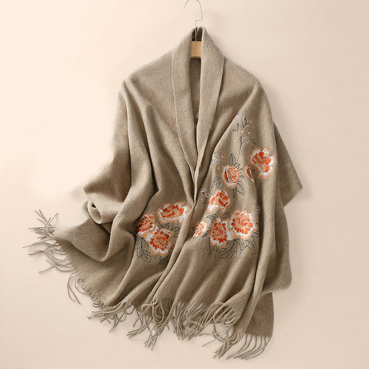 Buddha Stonesウールショール 赤い牡丹の刺繍タッセル 冬用 心地よい旅行用スカーフ ラップ