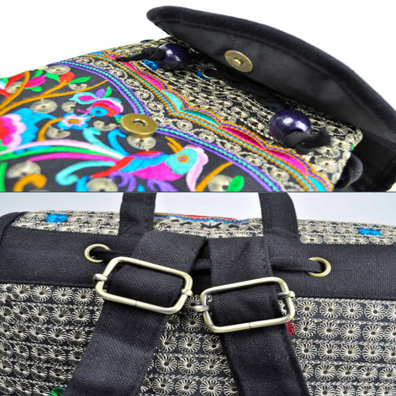 Buddha Stones牡丹と中国の金のなる木刺繍キャンバスバックパック