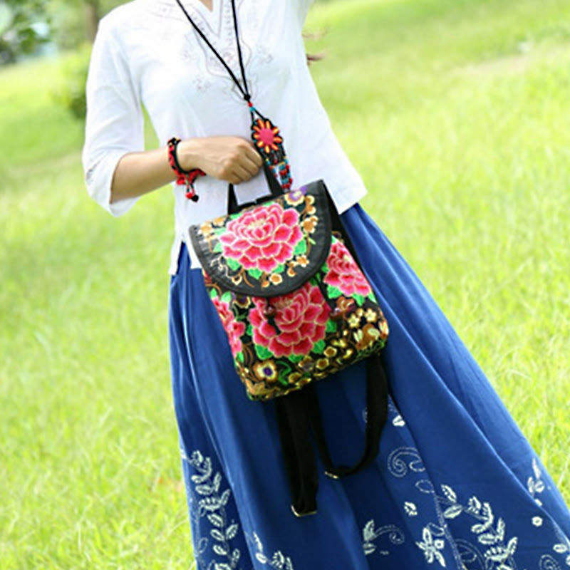 Buddha Stones牡丹と中国の金のなる木刺繍キャンバスバックパック