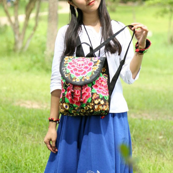 Buddha Stones牡丹と中国の金のなる木刺繍キャンバスバックパック