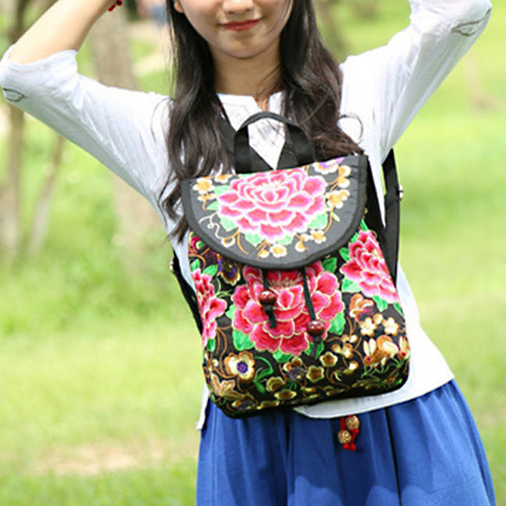 Buddha Stones牡丹と中国の金のなる木刺繍キャンバスバックパック