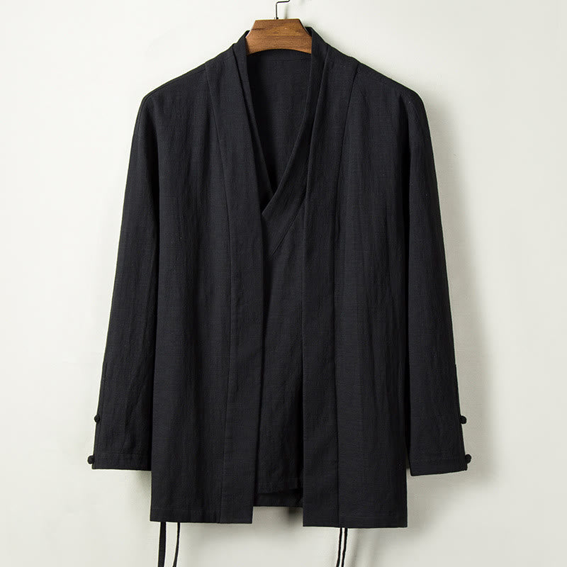 Buddha Stonesの秋の中国漢服コットンリネンメンズジャケット - 黒 - US/UK/AU44、 EU54 (4XL) - image 5