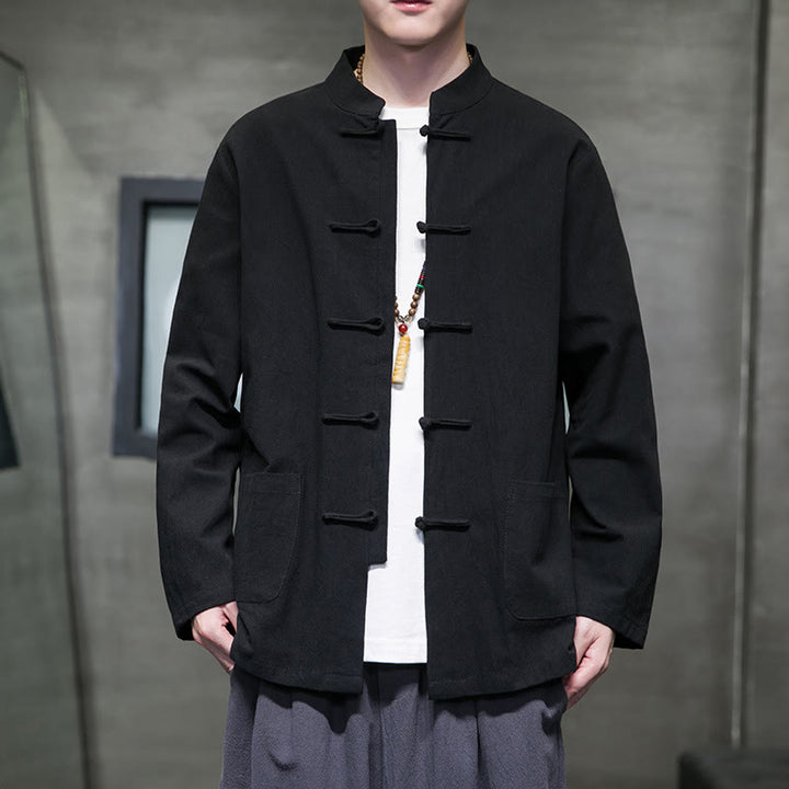Buddha Stonesのシンプルなカエルボタンの中国唐装コットンメンズジャケットシャツ(ポケット付き) - 黒 - US/UK/AU46、 EU56 (5XL) - image 44