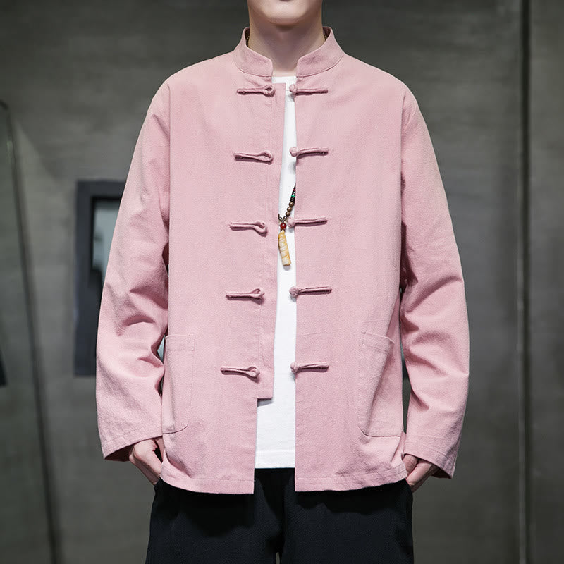 Buddha Stonesのシンプルなカエルボタンの中国唐装コットンメンズジャケットシャツ(ポケット付き) - ピンク - US/UK/AU46、 EU56 (5XL) - image 30