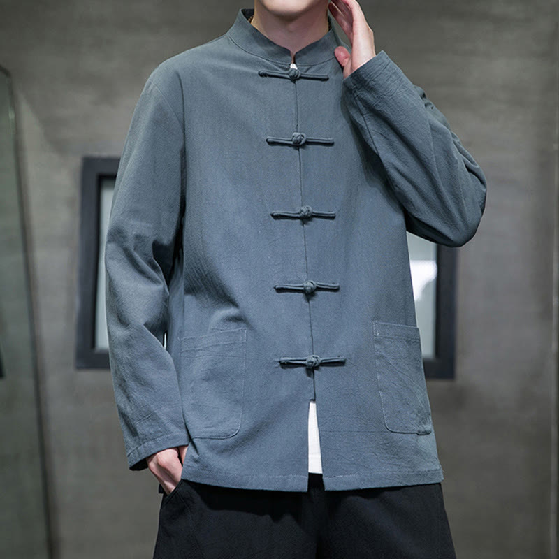 Buddha Stonesのシンプルなカエルボタンの中国唐装コットンメンズジャケットシャツ(ポケット付き) - image 17
