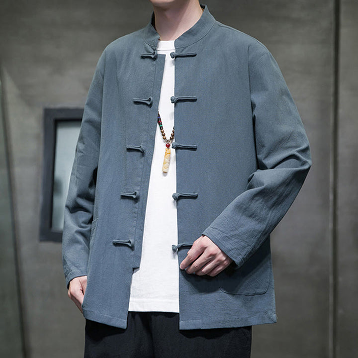 Buddha Stonesのシンプルなカエルボタンの中国唐装コットンメンズジャケットシャツ(ポケット付き) - image 20