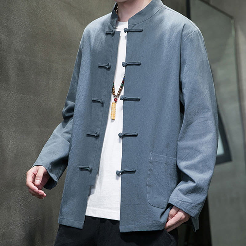 Buddha Stonesのシンプルなカエルボタンの中国唐装コットンメンズジャケットシャツ(ポケット付き) - image 16