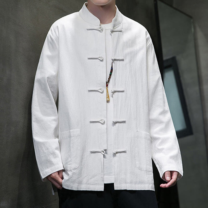 Buddha Stonesのシンプルなカエルボタンの中国唐装コットンメンズジャケットシャツ(ポケット付き) - image 4