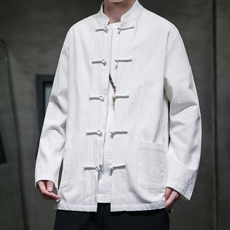 Buddha Stonesのシンプルなカエルボタンの中国唐装コットンメンズジャケットシャツ(ポケット付き) - image 1