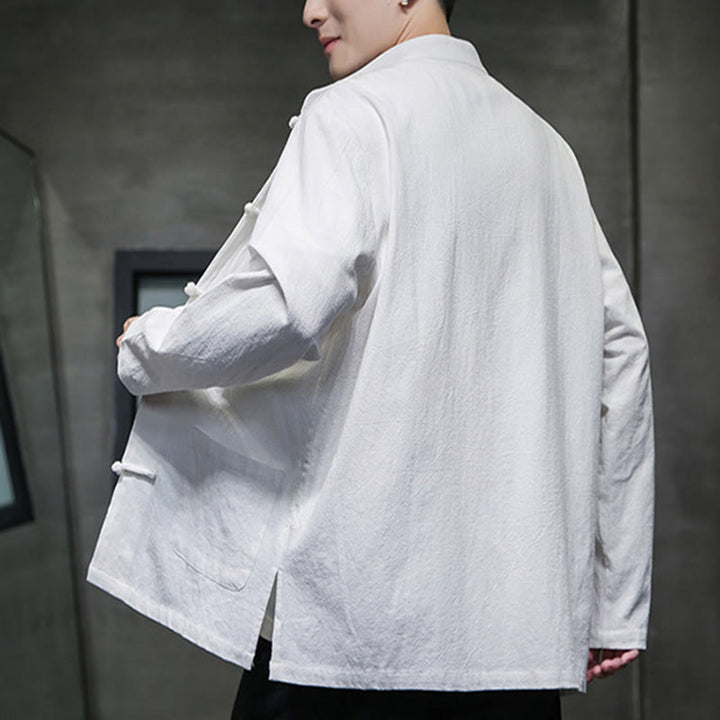 Buddha Stonesのシンプルなカエルボタンの中国唐装コットンメンズジャケットシャツ(ポケット付き) - image 2