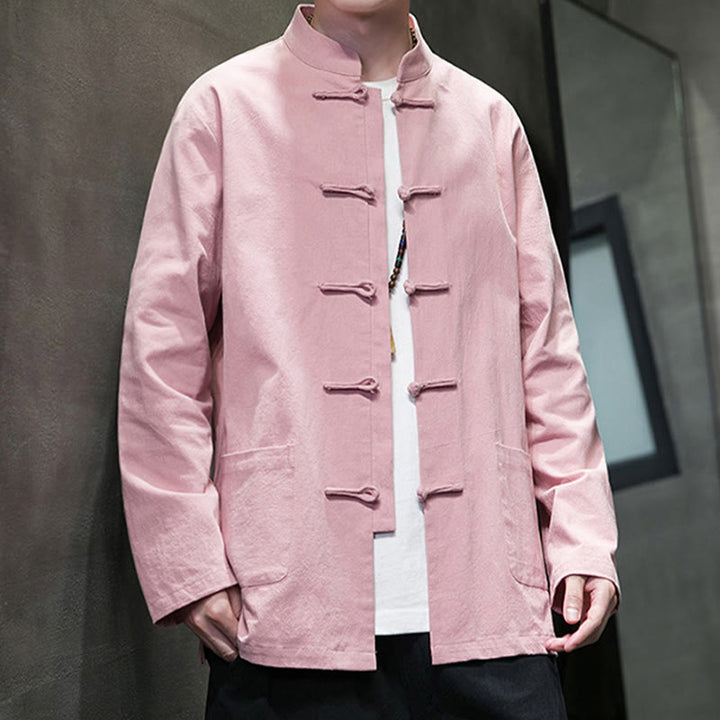 Buddha Stonesのシンプルなカエルボタンの中国唐装コットンメンズジャケットシャツ(ポケット付き) - image 31