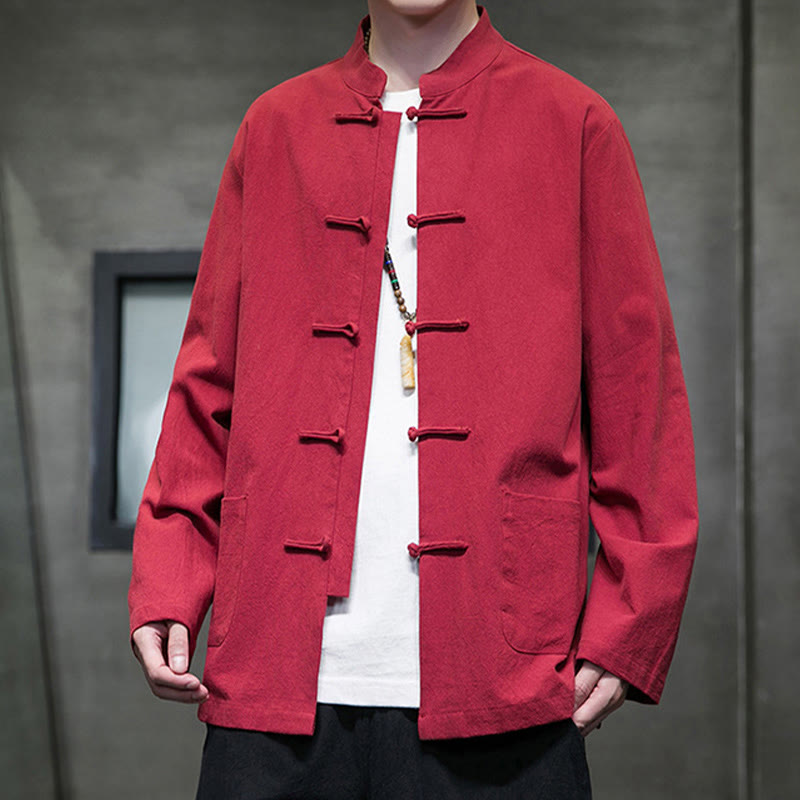 Buddha Stonesのシンプルなカエルボタンの中国唐装コットンメンズジャケットシャツ(ポケット付き) - image 37