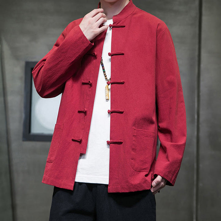 Buddha Stonesのシンプルなカエルボタンの中国唐装コットンメンズジャケットシャツ(ポケット付き) - image 43