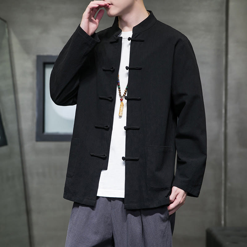 Buddha Stonesのシンプルなカエルボタンの中国唐装コットンメンズジャケットシャツ(ポケット付き) - image 47