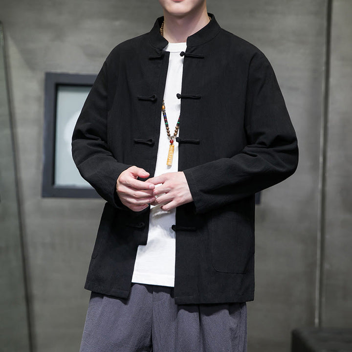 Buddha Stonesのシンプルなカエルボタンの中国唐装コットンメンズジャケットシャツ(ポケット付き) - image 48