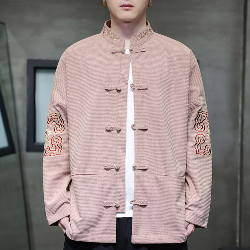 Buddha Stonesメンズ フロッグボタン タンスーツ コーデュロイ コットン 刺繍 ロングジャケット シャツ ポケット付き