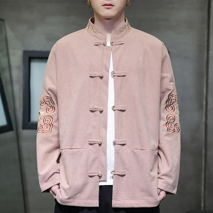 Buddha Stonesメンズ フロッグボタン タンスーツ コーデュロイ コットン 刺繍 ロングジャケット シャツ ポケット付き