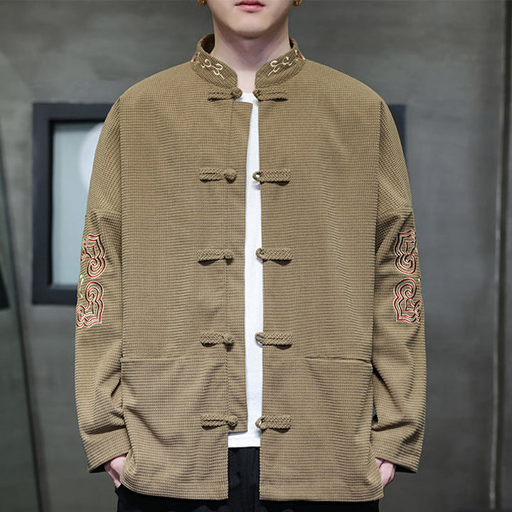 Buddha Stonesメンズ フロッグボタン タンスーツ コーデュロイ コットン 刺繍 ロングジャケット シャツ ポケット付き