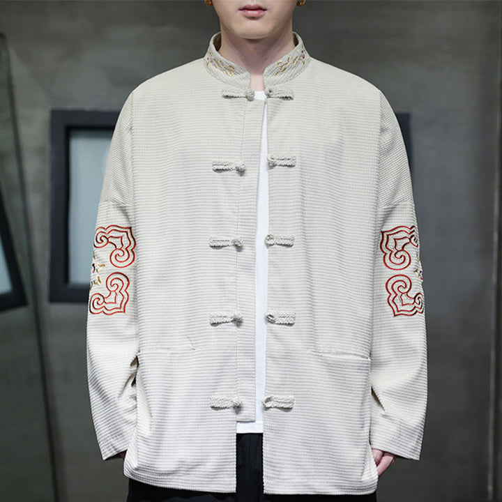 Buddha Stonesメンズ フロッグボタン タンスーツ コーデュロイ コットン 刺繍 ロングジャケット シャツ ポケット付き